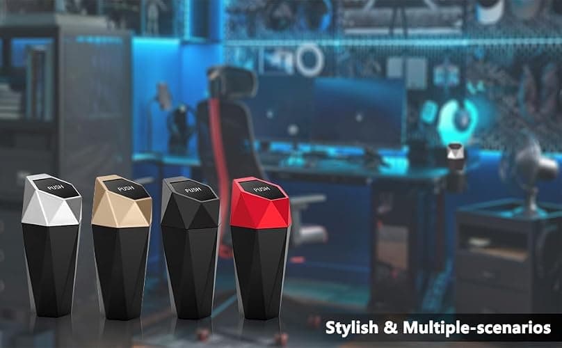 Ginsco Car Trash Can Cup Holder, 2 Pack Mini Car Trash Can with Lid, Car Accessories for Interior, Leakproof Small Trash Cup for Car, Home with Additional 2 ABS Hooks and 90pcs Trash Bags Golden thumbnail 5