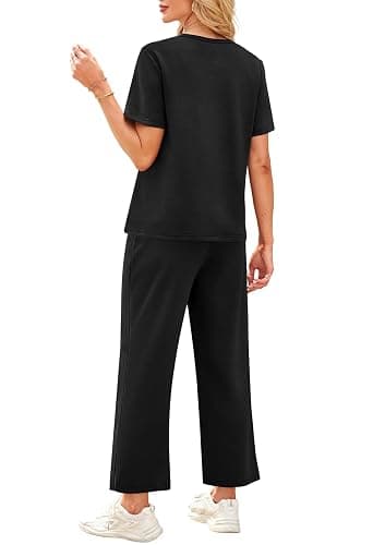 WIHOLL 2 Piece Sets for Women Casual Summer Travel Vacation Outfits Short Sleeve Wide Leg Crop Pants Lounge Sets thumbnail 5