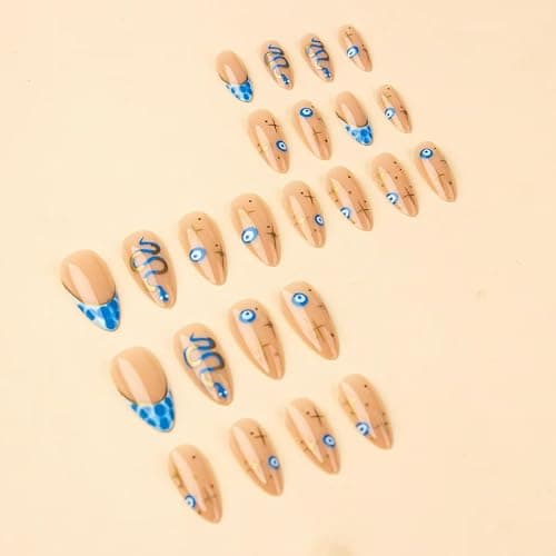 Snake Press On Nails - Medium Almond Blue French Tip False Nails with Silver Line Design, 24pcs - Style08 - 24 Fl Oz (Pack of 1) thumbnail 3