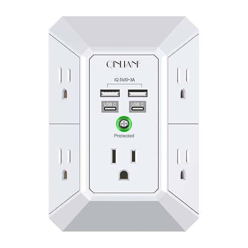 USB Wall Charger, Surge Protector, QINLIANF 5 Outlet Extender with 4 USB Charging Ports(2U2C) 3-Sided 1680J Power Strip Multi Plug Outlets Wall Adapter Spaced for Home Travel Office, White - Image 1