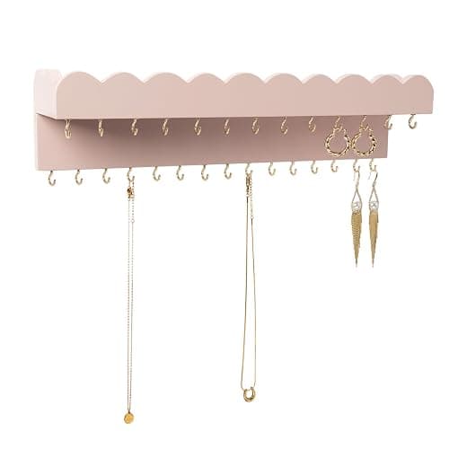 Lampaggio Wall Mount Jewelry Organizer with 28 Hooks and Cosmetics Shelf, Modern Wood Hanging Jewelry Holder for Necklaces, Bracelets, Earrings and Rings, Pink thumbnail 4