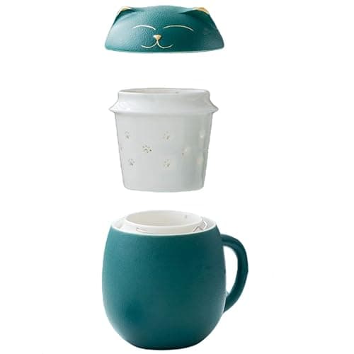 DUANMUL Cat Mug Cute Ceramic Coffee Cup with Infuser and Lid,Filter for Steeping Loose Leaf,kawaii coaster,Novelty Morning Cup Tea Milk Christmas Mug Chinese Handmade Porcelain Teacup(Green） thumbnail 4