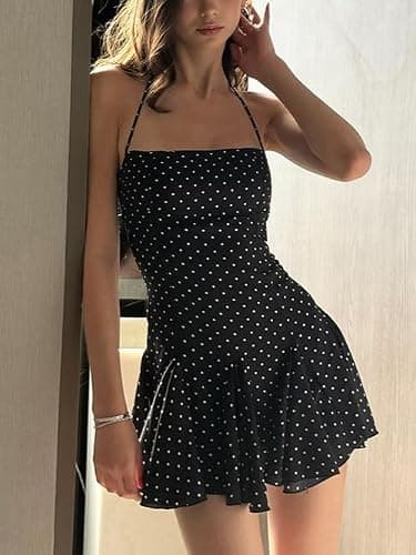 JOLILUNA Polka Dot Halter Mini Dress for Women Y2k Sleeveless Ruffle Hem Backless Mini Dress Vintage Streetwear Summer thumbnail 3