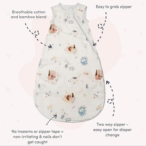 Loulou Lollipop Lightweight Muslin Wearable Baby Blanket Sleeping Bag, Unisex Infant Toddler, 0.5 TOG, 2-Way Zipper Sleepsack - 0-6 M - Cozy Forest thumbnail 4
