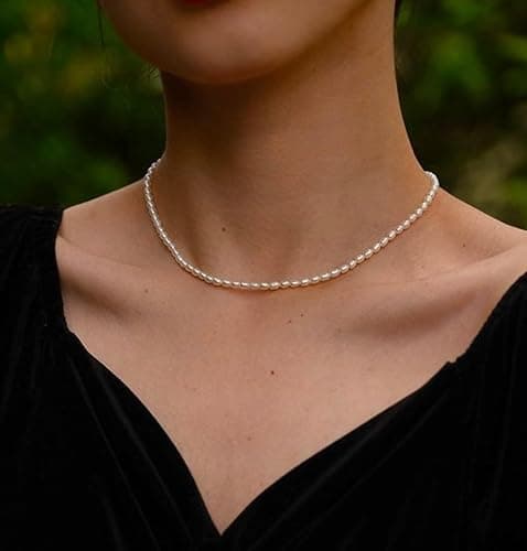 Pearl Necklace for Women and Girls, Handmade 14” Choker with Tiny White Freshwater Pearls, Silver Clasp, and 3” Adjustable Chain, Cute Trendy Layered Necklaces thumbnail 5