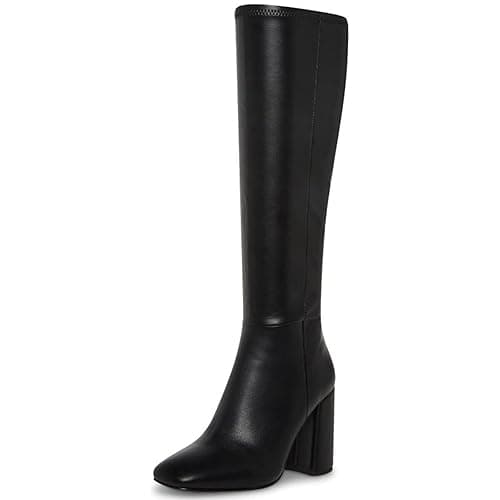 SOVANYOU Women's Faux Leather Tall Boots Fashion Square Toe Chunky Heel Knee High Boots with Side Zip