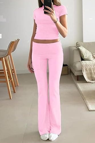 AYWA Women's 2 Piece Lounge Sets Short Sleeve Crop Top Foldover Flare Pants Casual Pajama Outfits thumbnail 2