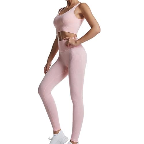 dohomiryo Damen Sportanzüge Jogginganzug Sport Sets 2 Teilig Workout Outfit Set Sport Crop Top+Hohe Taille Yoga Leggings Yoga Outfit Freizeitanzug Sportswear - L - Rosa - Image 1
