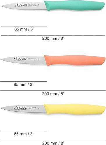 Arcos Paring Knife Set of 3 Pieces 4 Inch Stainless Steel. Colorful Kitchen Knives for Peeling Fruits and Vegetables. Ergonomic Polypropylene Handle. Series Nova. Color Orange, Yellow and Blue. thumbnail 3