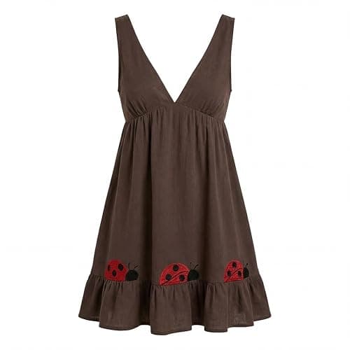 Ladybug Babydoll Dress Sleeveless Deep V Ruffle Mini Brown Linen Blend Sundress Embroidered Hem Bohemian Cottagecore - Image 1