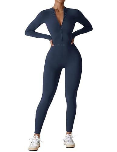 YEOREO Women Long Sleeve Workout Jumpsuit Zip Up Romper Bottom Pants Bodysuit Bodycon Sexy One Piece - Image 1