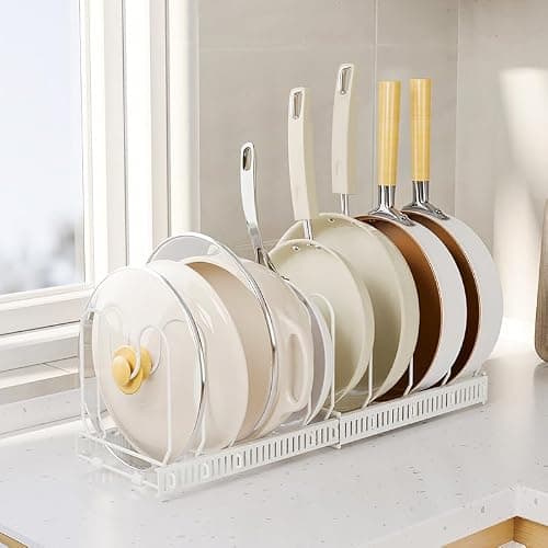 Lhieiayh Pots and Pans Organizer under Cabinet,Expandable Pot Lid Organizer Holder with 10 Adjustable Dividers for Kitchen Cabinet Cookware Baking Frying Rack,White thumbnail 2