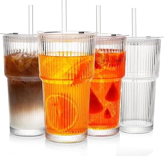 Snextek 20oz Glass Tumblers with Lids and Glass Straws, Thickened for Iced Coffee, Smoothies,Cocktails and Juices-Elegant Durable for Home, Office,Travel (Clear) - Image 1