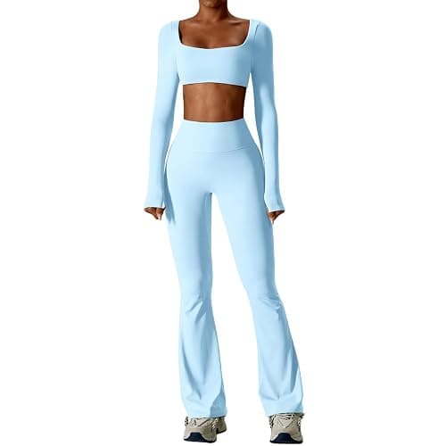 IMEKIS Gym Set for Women Yoga Outfit Long Sleeve Sport Crop Top with Flared Pants 2 PCS Sportswear Workout Fitness Jogging Tracksuit - Image 1
