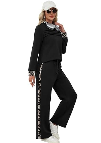WIHOLL Two Piece Sets for Women Fall Travel Vacation Outfits Long Sleeve Lounge Sets Side Slit Wide Leg Pants S-3XL thumbnail 4