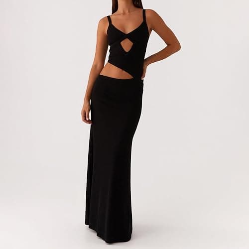 ensswliz Sexy Cut Out Maxi Dress for Women Spaghetti Strap Backless Bodycon Dress Y2k Hollow Sleeveless Formal Long Dresses thumbnail 2