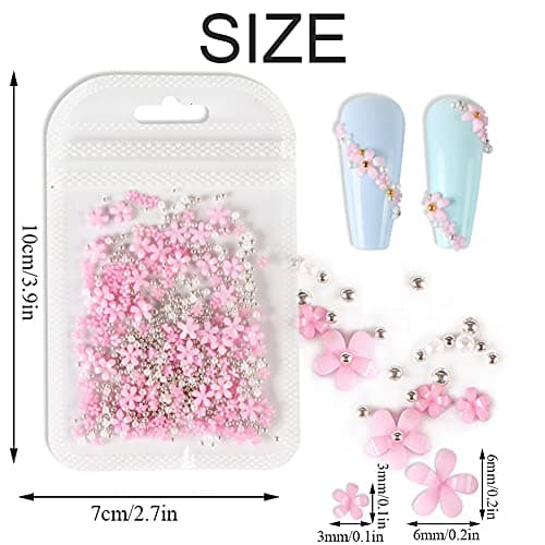 3D Flower Caviar Beads Nail Art Decals Charms for Nails, White Pink 3D Acrylic Flower Nail Charms with Pearl Golden Caviar Beads for Women DIY Manicures Salon Accessories thumbnail 2