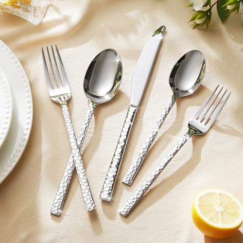 KINGSTONE 65 Piece Hammered Silverware Set with Serving Utensils, 18/10 Stainless Steel Flatware Set for 8, Cutlery Set for Home, Party, Wedding, Mirror Polished Dishwasher Safe thumbnail 8