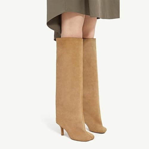 Women's Knee High Boots Nude Suede Wide Calf Stiletto Long Boots Pull On High Heel Riding Boots Fahion Dress Fall Tall Boots thumbnail 2