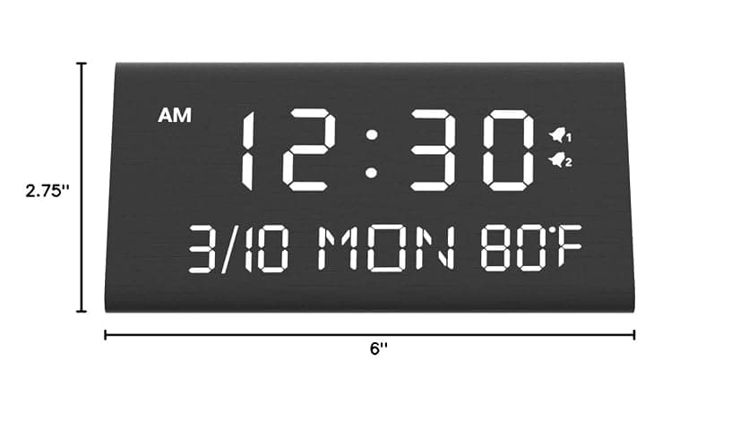 Kogonee Wooden Digital Alarm Clock, 0-100% Dimmer, 2 Alarm Settings, Weekday/Everyday Mode, 9 Mins Snooze, 12/24H, Temperature and Date Display for Office, Travel, Bedroom Alarm Clock (Black) thumbnail 2