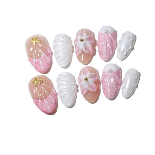 10 Short Almond Handmade Press On Nails | 3D Floral with Cute Water Drop Decor&Starfish&Seashell,New styles for Autumn & Winter | Skip Salon Trips, Easy to Apply & Remove, Reusable (Seashell（XS）, XS) thumbnail 2