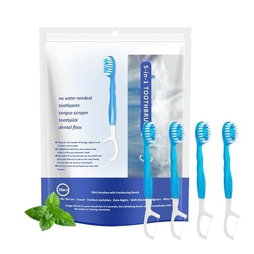 Malisseladi 5 in 1 Mini Brushes-Disposable Toothbrushes with Toothpaste + Floss + Pick + Tongue Scraper | Travel Size | Individually Wrapped | Soft | Mint | Travel Set (Mint, 26 pcs) - Image 1