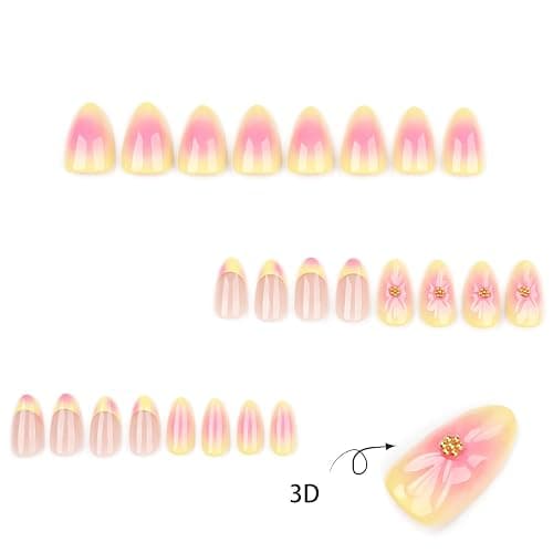 24pcs French Tip Press on Nails Short Almond Fake Nails with 3D Flower Designs Summer Floral False Nails Kit Pink Yellow Gradient Acrylic Nail Tips Full Cover Stick on Nails for Women thumbnail 3