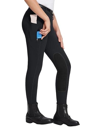 baleaf Girls Riding Pants Kids Equestrian Breeches Knee-Patch Zip Pocket Horseback Tights - X-Small - Black - Image 1