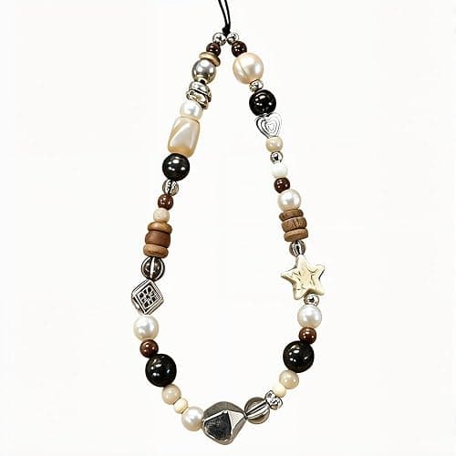Vintage Brown Beaded Phone Charm Wrist Strap Star Heart Pearl Phone Chain Wristlet Short Camera Charm Strap Cute Beaded Wristlet Keychain Cellphone Charms Aesthetic Cellphone Wrist Lanyard for Women - Image 1