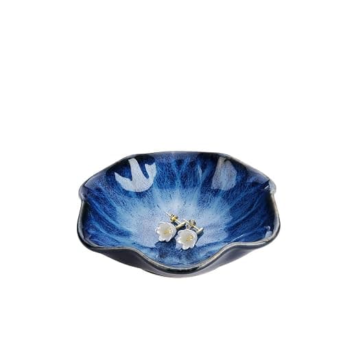Lotus Leaf Shape Decorative Ring Tray, Small Key Bowl, Ceramic Trinket Tray Jewelry Dish Organizing Necklace Earrings, Home Decoration for Mom Best Friend Sister, Blue. thumbnail 5