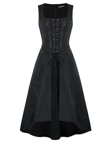 Scarlet Darkness Renaissnace Faire Costume Dress for Women Pirate Overdress | Pockets, Front lace-up, Underbust cut, for Peasant Gothic Witch Medieval Party - Image 1