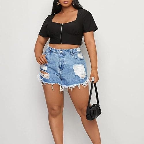 MapleHub Plus Size Denim Shorts Women High Waisted Ripped Folded Hem Jean Shorts thumbnail 3