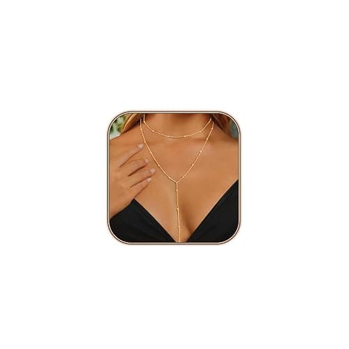 HERIER Lariat Gold Necklace for Women, Dainty Long Necklace 14k Gold Plated/Silver Y-Shaped Layered Beaded Chain Drop Necklaces for Women Trendy Simple Gold Jewelry for Women Gifts - Image 1