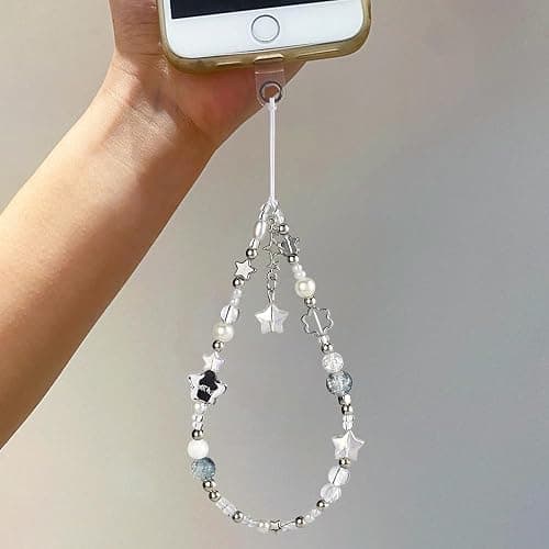 Silver Star Phone Chain Pearl Beaded Phones Charm Cute Cellphone Lanyard Wrist Strap for Key Cellphone Wristlet Phone Case Charms Beaded Keychain Wristlet Bag Charm for Handbag Keychain Accessories thumbnail 2