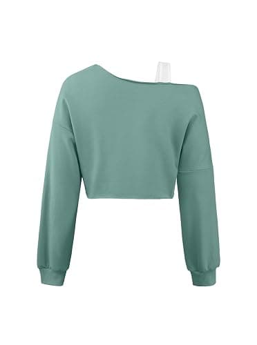 Remidoo Off The Shoulder Tops for Women Cropped Sweatshirt Long Sleeve Top Asymmetrical Patchwork Shirt thumbnail 2