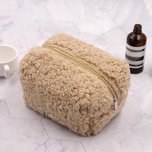 Cosmetic Bags for Women, Fleece Makeup bag Large Aesthetic Travel Toiletry bag Zipper Cosmetic Pouch for Purse Cute Floral Canvas Makeup Organizer Storage Bag Girls Case Bags (Soft Apricot) thumbnail 4