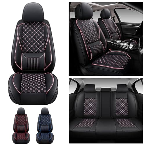 Jiujiuyouchuang Leather Car Seat Covers,Full Coverage Seat Covers Full Set with Fix Lumber Support,Universal Automotive Seat Covers for Cars,SUVs,Trucks and Sedans (Black&Pink, Full Set) thumbnail 4