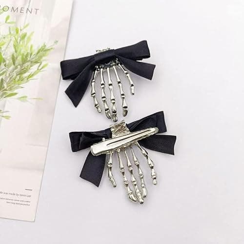 Utavu 2Pcs Skeleton Hand Hair Clips with Bowknot - Cute Skull Claw Hairpins for Girls, Party Cosplay thumbnail 9