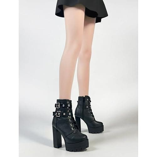 MEOTINA High Heel Boots for Women Black Heeled Chunky Heel Boot Platform Goth Shoes Lace Up Ankle Booties with Zipper thumbnail 5