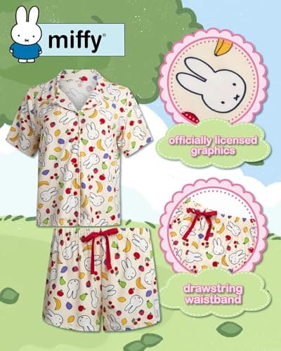 COCO BRANDS Miffy Womens Pajama Sets - 2 Piece Soft Button Down Sleep Shirt with Matching Pajama Pants or Pajama Shorts, Size X-Large, Cream Fruit Toss Miffy thumbnail 2