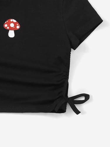 SHENHE Girl's Mushroom Print Short Sleev Crop Tops Ruched Drawstring Tee T Shirts thumbnail 4