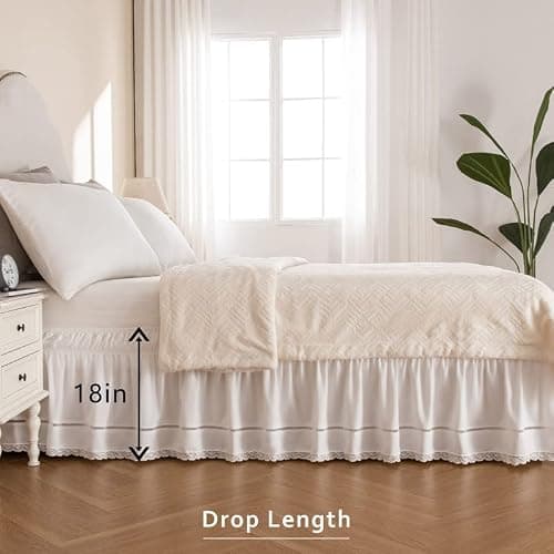 MIYE Wrap Around Ruffled Lace Bed Skirt, Elastic Dust Ruffle with Adjustable Belts, Easy to Put On, Bed Frame Cover, Machine Washable (Floral Lace/White, Full/Twin-18 Drop) thumbnail 4