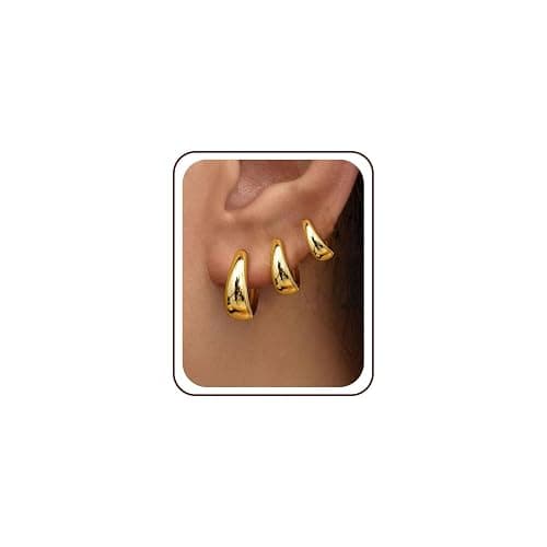 3 Pairs Gold Hoop Earrings Set for Women Trendy Chunky Small Huggie Jewelry | 14K Real Gold Plated Hypoallergenic Earrings for Sensitive Ears Non Tarnish, Stacks for Multiple Piercings Women Gifts thumbnail 8