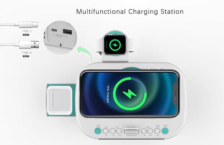 Emerson CKSW5010 Smartset Wireless Charging, Dual Alarm FM Clock, Bluetooth Radio/Speaker, 15W for Ultra-Fast Charging, 3W Retractable Port for Air Pods, White thumbnail 4