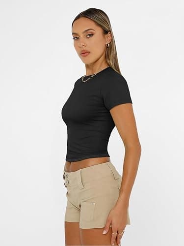 Trendy Queen Womens Short Sleeve T Shirts - Buttery Soft Summer Crop Tops Slim Fit Y2k Basic Tees for Workout thumbnail 5