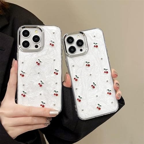 Cute Case for iPhone 15,Red Cherry Pearls with Phone Charm Chain,Pearlized Fruit Case for Women Girls Designed Shockproof thumbnail 2