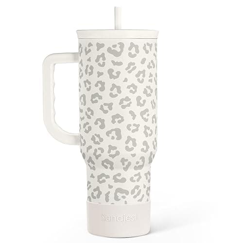 Leopard Tumbler with Handle, Insulated Cup Stainless Steel Travel Mug Cup, Gifts for Women Girl on Birthday Christmas, Cream Leopard, 40oz - Image 1