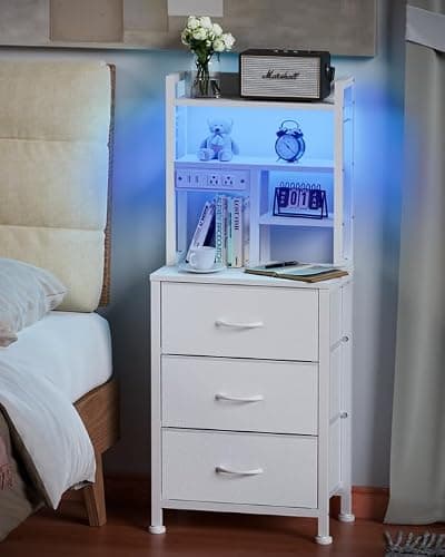 Furnulem Tall Nightstand with LED Lights and 3 Tier Shelves, Night Stand with 3 Fabric Drawers, 45.3inch Tall Bedside Tables with USB Ports and Outlets in Bedroom, Dorm, Office (White) thumbnail 7