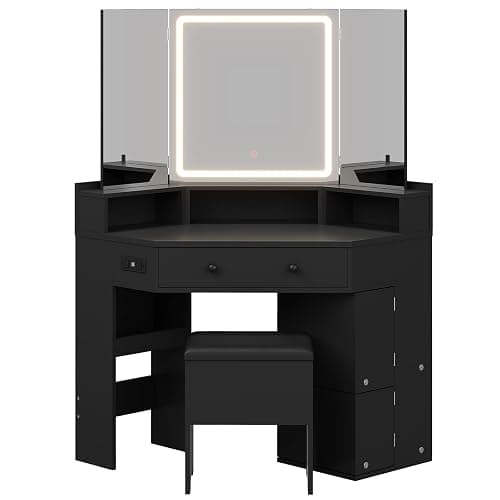 HAUOMS Corner Vanity Desk with Mirror Lights & Storage Bench, Black | Makeup Vanities with Drawers & Rotating Shelves, Power Outlet, 3 Light Settings, Dimmable for Women Girls thumbnail 8