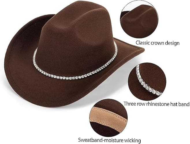 IZUS Women Sparkly-Rhinestone Western-Cowgirl-Hat Glitter-Bling Cowboy-Hat Felt-Rodeo-Hat for Disco-Party Medium/Large thumbnail 10